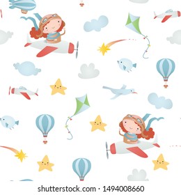 Seamless pattern with a little girl flying a plane