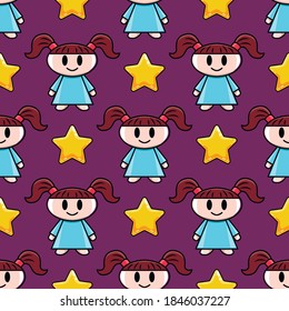 Seamless pattern with a little girl and yellow star cartoon style. Cute vector illustration