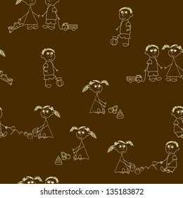 Seamless pattern with little girls and little boys like as image by yellow chalk on brown chalkboard