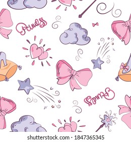
patrón ininterrumpido para niñas pequeñas, textura interminable para diseño infantil, arco, corazón, varita mágica, letras, nube. Ilustración vectorial en colores pastel