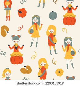 Seamless pattern with little girls picking pumpkins in the garden on light background. Creative cute repeatable pattern with girls and pumpkins. Vector hand drawn illustration. Flat cartoon style.