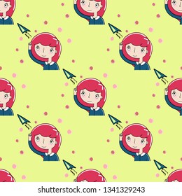 Seamless pattern of little girls playing paper plane.