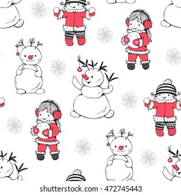 Seamless pattern with little girls and snowmen. Hand-drawn illustration. Vector.