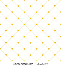 Seamless pattern with little gold hearts and diagonal grid on white background