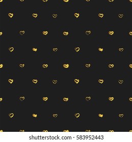 Seamless pattern with little golden hand drawn hearts on black background. Vector illustration