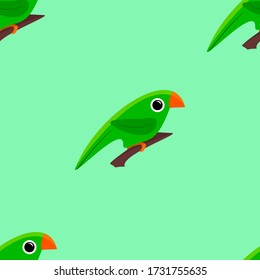 Seamless pattern of a little green cartoon parrot which sitting on a brown branch. Green cute bird sitting on a branch. 