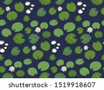 Seamless pattern with little green Lily pads and white Lotus flowers on a dark background. Floral print with aquatic plants. Botanical texture, overgrown pond vector Wallpaper.