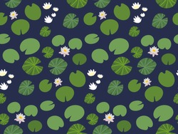 Seamless Pattern With Little Green Lily Pads And White Lotus Flowers On A Dark Background. Floral Print With Aquatic Plants. Botanical Texture, Overgrown Pond Vector Wallpaper.