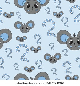 Seamless pattern - little grey mouse with number 2 in Scandinavian style, cute cartoon mice vector illustration isolated on blue background. Kids illustration, great for baby clothes, wrapping paper