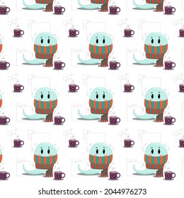 seamless pattern little halloween ghost basking in a scarf with a mug of cocoa