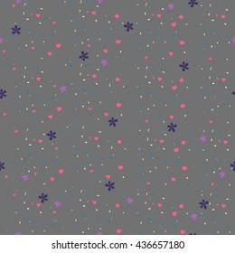 Seamless pattern with little hearts and flowers on gray background