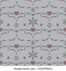 Seamless pattern with little hearts. Grey, light grey, light green and burgundy color . Vector.	