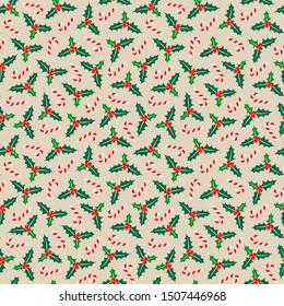 Seamless Pattern Little Holly And Candy Canes Red Green White Beige