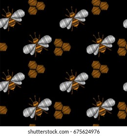 Seamless pattern with little honey bee embroidery stitches imitation. Fashion pattern with embroidery insects illustration. Trendy bee on the black  background.