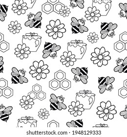 seamless pattern little honey bees with honey and flowers, black on a white background, honey jar, honeycomb, doodle illustration, cartoon characters, for printing on textiles and packaging