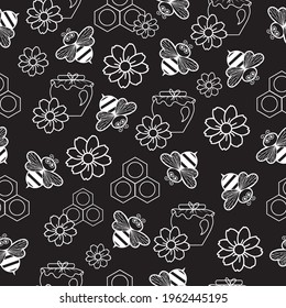 seamless pattern little honey bees with honey and flowers, white on black background, chalk board, honey jar, honeycomb, doodle illustration, cartoon characters, for printing on textiles and packaging