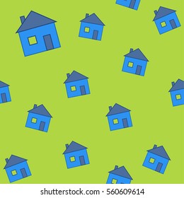 Seamless pattern of little houses with yellow windows on the light green background. Can be used to create paper for wrapping gifts, wallpaper for children's rooms and fabrics, home textiles 