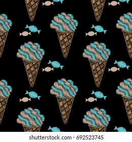 Seamless pattern with little ice cream and candy embroidery stitches imitation. Food embroidery seamless pattern for printing on fabric, paper for scrapbook, gift wrap and wallpapers.
