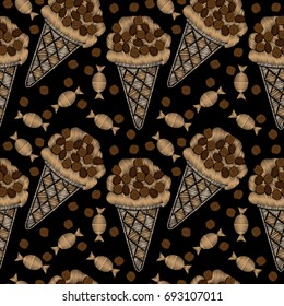 Seamless pattern with little ice cream with coffee and candy embroidery stitches imitation. Food embroidery seamless pattern for printing on fabric, paper for scrapbook, gift wrap and wallpapers.