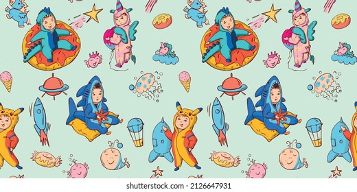 Seamless pattern with little kids in kigurumi pajamas dinosaur,shark and unicorn.Set of space,sea and sweet elements.