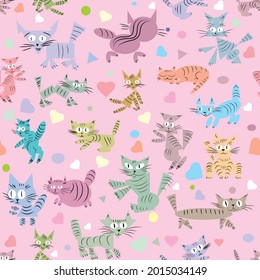 Seamless pattern with little kittens for baby clothes on a pink background, with geometric shapes