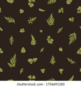 Seamless pattern with little leaves. Dark background. Vector botanical illustration. 