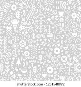 Seamless pattern with a lot of little leaves, flowers, dots and geometric elements. Vector. Folk art. Background for projects in the Scandinavian style.