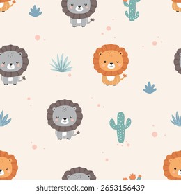 Seamless pattern with little lion in forest. Cute pattern kids and baby. For Baby shower, Greeting card, Clothing kids, Fabric print, Wallpaper, Wrapping paper. Vector illustration