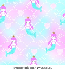 Seamless pattern with little mermaid. Childish summer print. Vector hand drawn illustration.