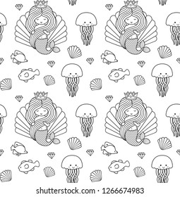 Seamless pattern with little mermaid, fish, jellyfish. Under the sea. Print design for coloring book, textile, fabric, posters, decor, greeting cards, paper, clothes, wallpaper. Vector illustration.