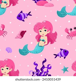 Seamless pattern with little mermaid, fish, crab, seashell. Childish print design for textile, print, wrapping paper. Sea and ocean life. Vector tile in flat cartoon style.