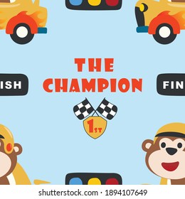 Seamless pattern with Little monkey bear racer, vector cartoon, for fabric, baby clothes, background, textile, wrapping paper and other decoration.