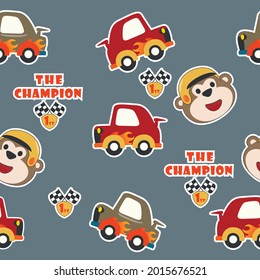 Seamless pattern with Little monkey bear racer, vector cartoon, for fabric, baby clothes, background, textile, wrapping paper and other decoration.