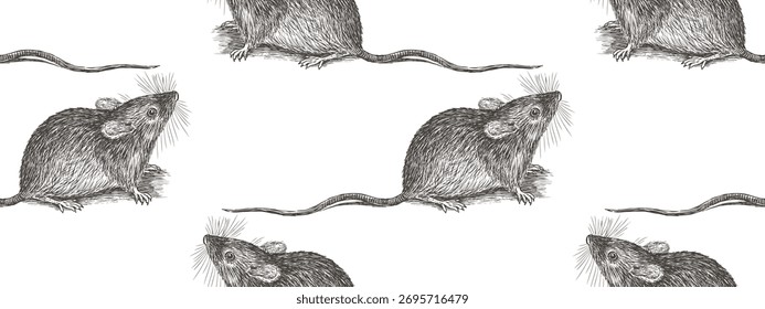 Seamless pattern of little mouse sketch, vector hand drawing, wallpaper, paper, white background