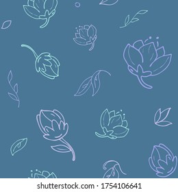 seamless pattern little night flowers and leaves - hand drawn vector illustration