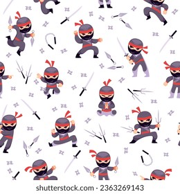 Nahtloses Muster mit kleinen Ninja-Kriegern. Dekortextilien, Wickelpapier, Tapete-Design. Für Stoff drucken. asiatische Mörder mit Waffen, Nunchucks und Shurikens. Cartoon-Flachvektorkonzept
