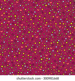 Seamless pattern with little objects. Hearts, stars, circles, spirals. Happy birthday paper in vector.