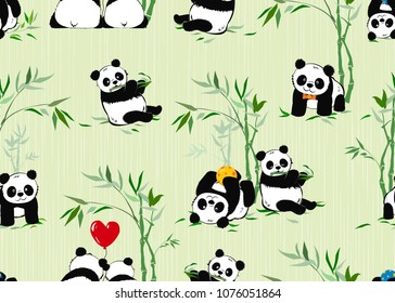 Seamless pattern with little pandas and bamboo plants