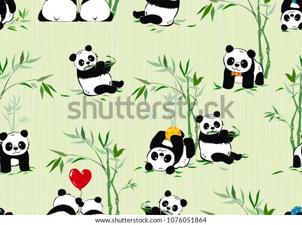 Seamless Pattern Little Pandas Bamboo Plants Stock Vector Royalty Free 1076051864 