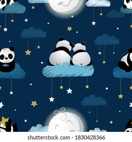 Seamless pattern with little pandas on the clouds, cheerful full moon and stars. Goodnight print for children