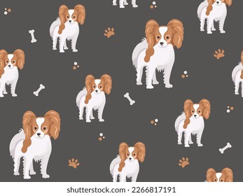 Seamless pattern with little papillon dog. Cartoon home pet, cute puppies for print, posters and postcard. Vector animals background. Funny little doggy pattern