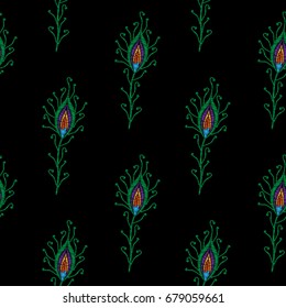 Seamless pattern with little peacock feathers embroidery stitches imitation. Template for fabric, textile or print. Fashion peacock feathers embroidery. 