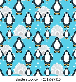 Seamless pattern with little penguin and igloo on falling snow background. Cute cartoon winter surface. Animal character vector illustration.