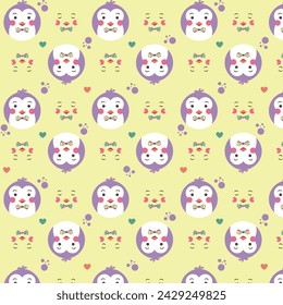 Seamless pattern with little penguins. 
Yellow background with colorful spots and emoji. Vector illustration in funny cartoon style.