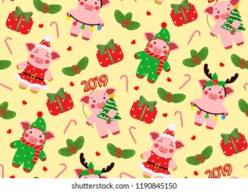Seamless pattern little pig, piggy characters illustration. Happy new year 