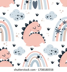 seamless pattern with little pink dinosaur and rainbow - vector illustration, eps