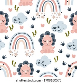 seamless pattern with little pink dinosaur and rainbow - vector illustration, eps