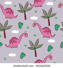 seamless pattern with little pink dinosaur , vector illustration