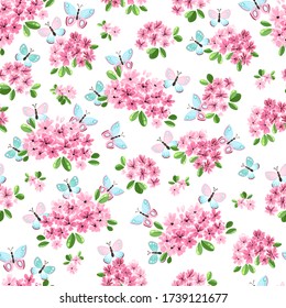 Nahtloses Muster mit kleinen rosa Blumen und Schmetterling