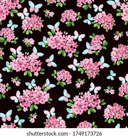 Seamless pattern with little pink flowers and butterfly